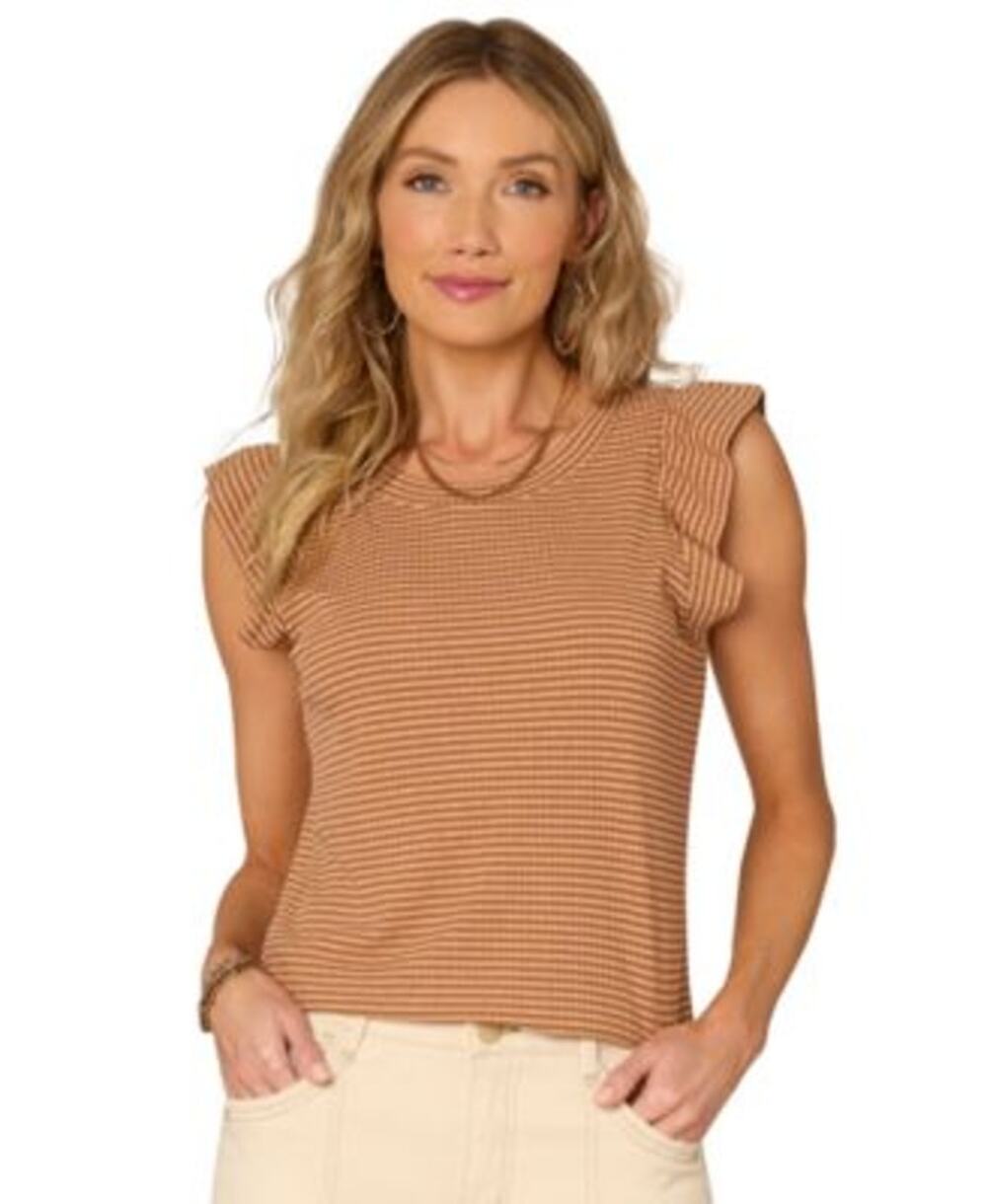 Democracy Trendy Ruffle Cap-Sleeve Top in Sahara Sand